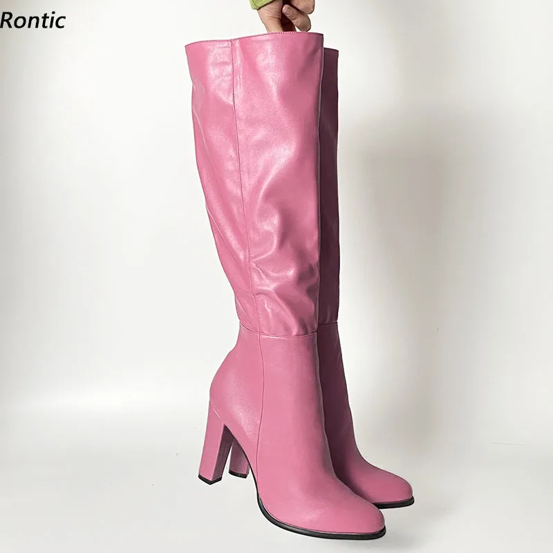 Женские зимние сапоги до колена с широкими штанинами на заказ, на толстом каблуке с круглым носком, великолепная розовая, красная, белая повседневная обувь, Размер США 5-20