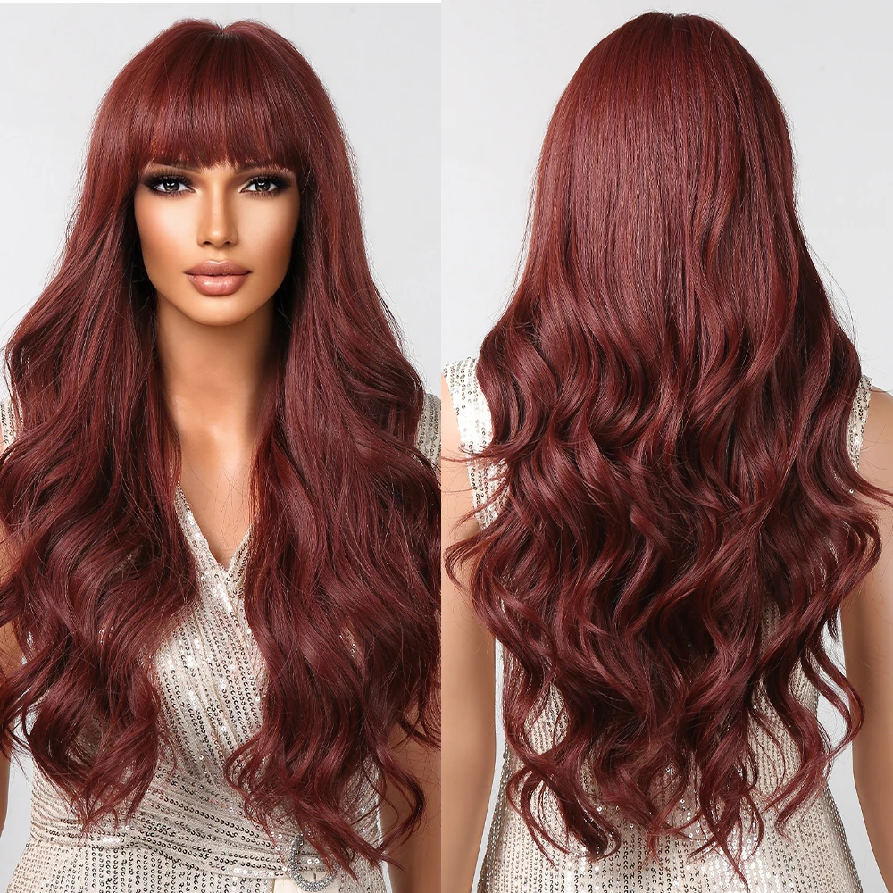 Винно-красные длинноволновые синтетические парики с челкой, Бордовый парик с волнистыми волосами для чернокожих женщин, натуральный повседневный косплей, Термостойкое волокно