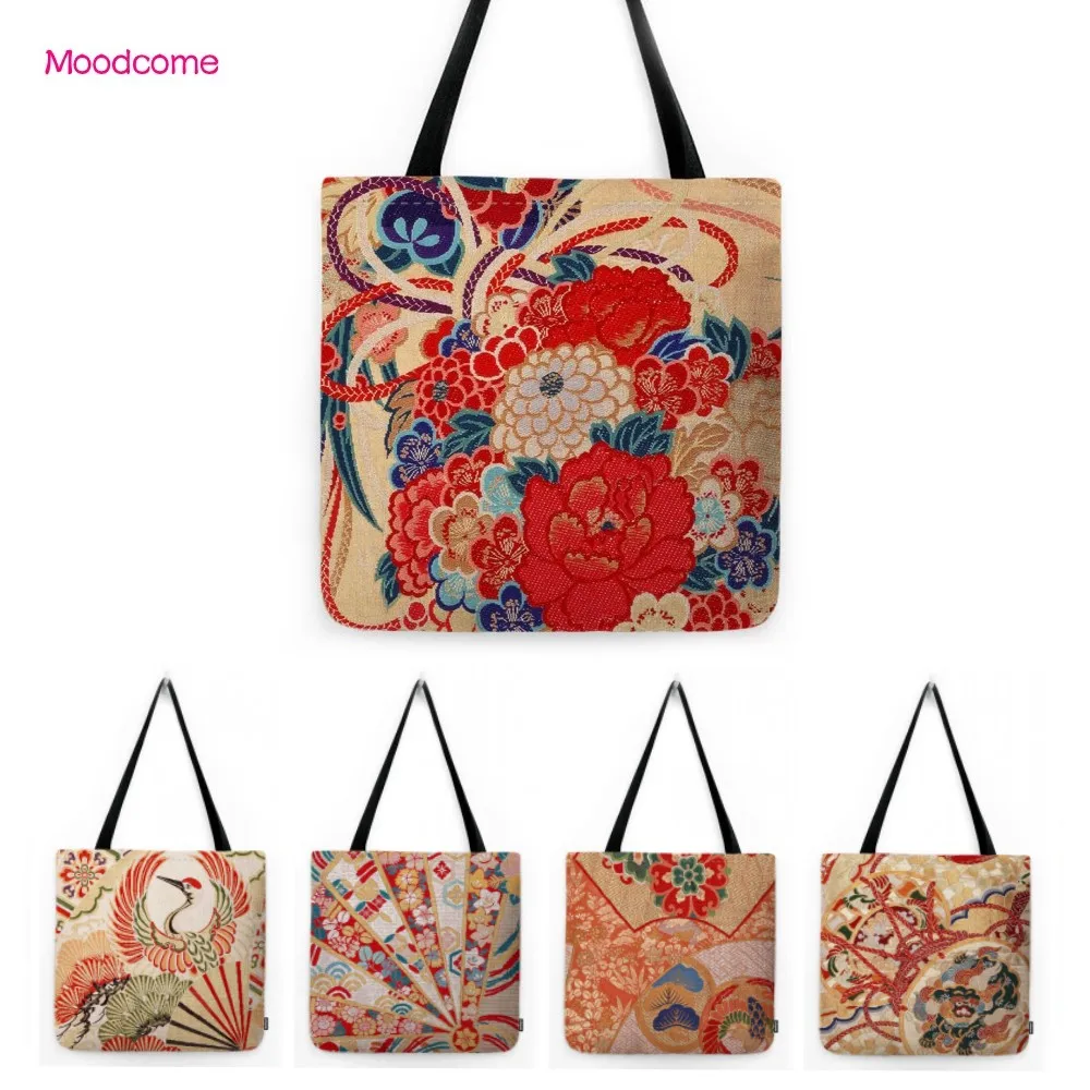 Красный Радостный геометрический дизайн Традиционное японское искусство Цветочный узор Водонепроницаемая сумка через плечо для покупок в продуктовых магазинах льняная сумка-тоут