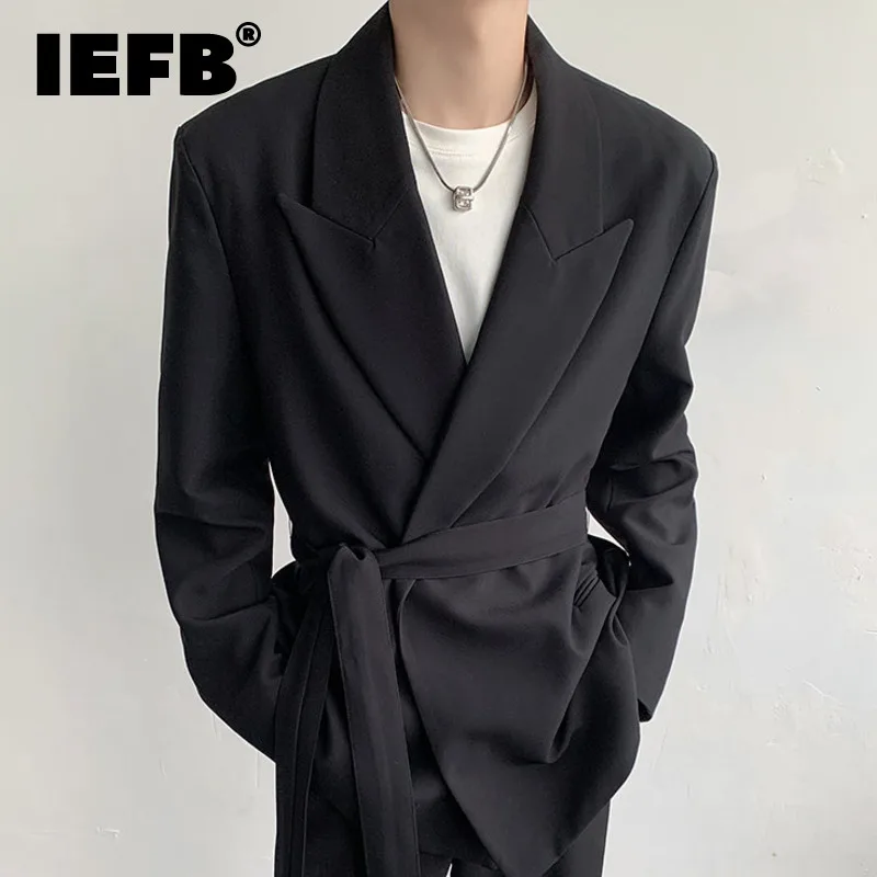 IEFB Модные Мужские Блейзеры В Корейском стиле, костюм Со шнуровкой на талии, пиджак, Однотонный Лацкан 2023, Весенняя Новая Модная Мужская одежда 9A7638