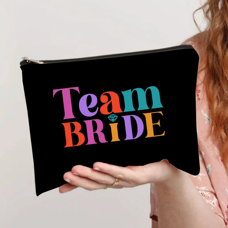 Красочная женская косметичка с надписью Team Bride, губная помада, кисточка для макияжа, Переносная сумка для уборки большой емкости для свадьбы