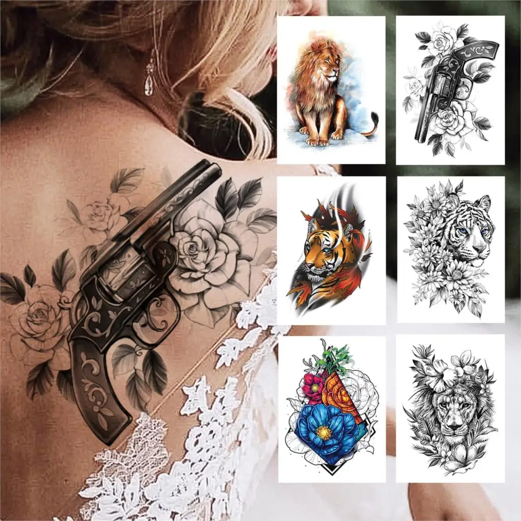 Временная татуировка в виде цветка пистолета для женщин, мужчин, взрослых, детей, Кошек, Львов, Тигров, татуировок, кружевного боди-арта, высококачественных поддельных татуировок
