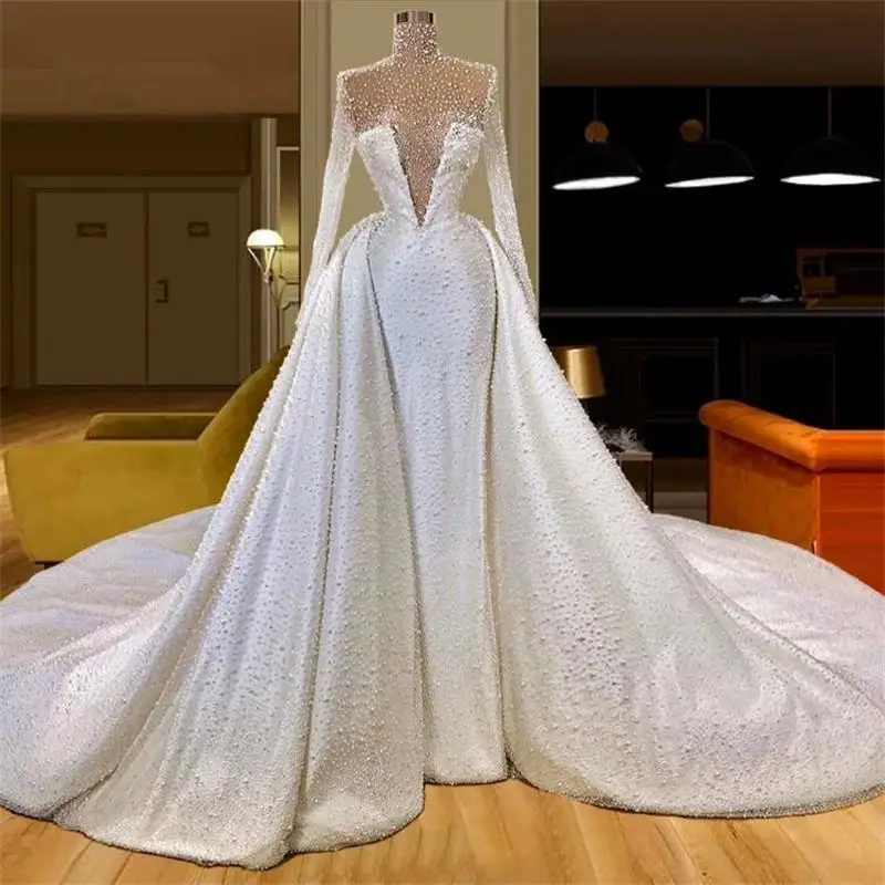 Великолепное свадебное платье Русалки со съемным шлейфом, украшенное жемчугом и бусинами, с высоким вырезом и длинными рукавами, свадебные платья Vestido De Noiva
