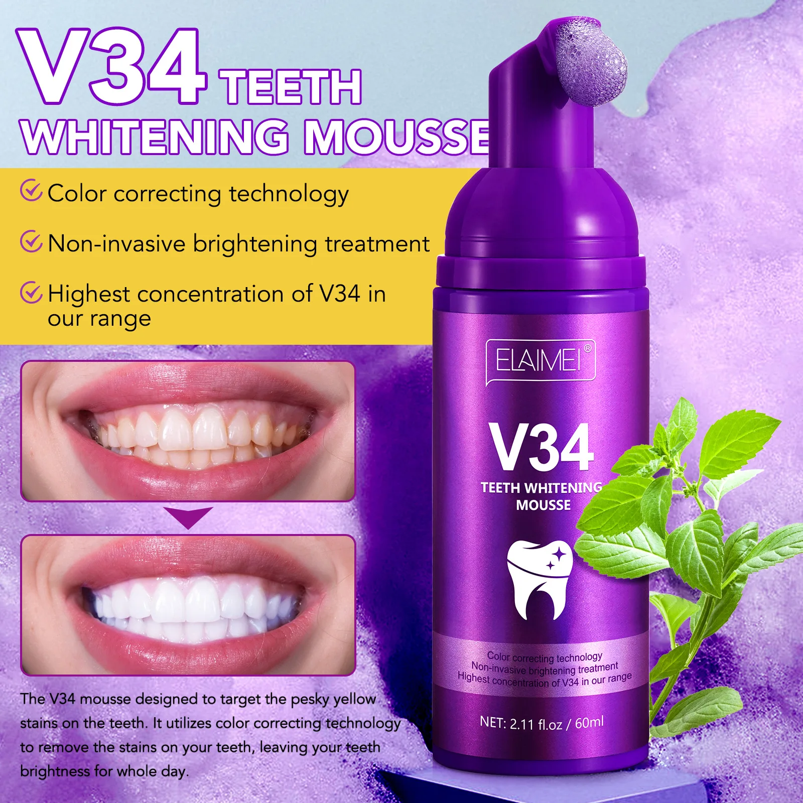 V34 Муссовая Зубная Паста Для Чистки Зубов Отбеливающая Зубная Паста Для Удаления Пятен На Зубах Гигиена полости рта 50 мл