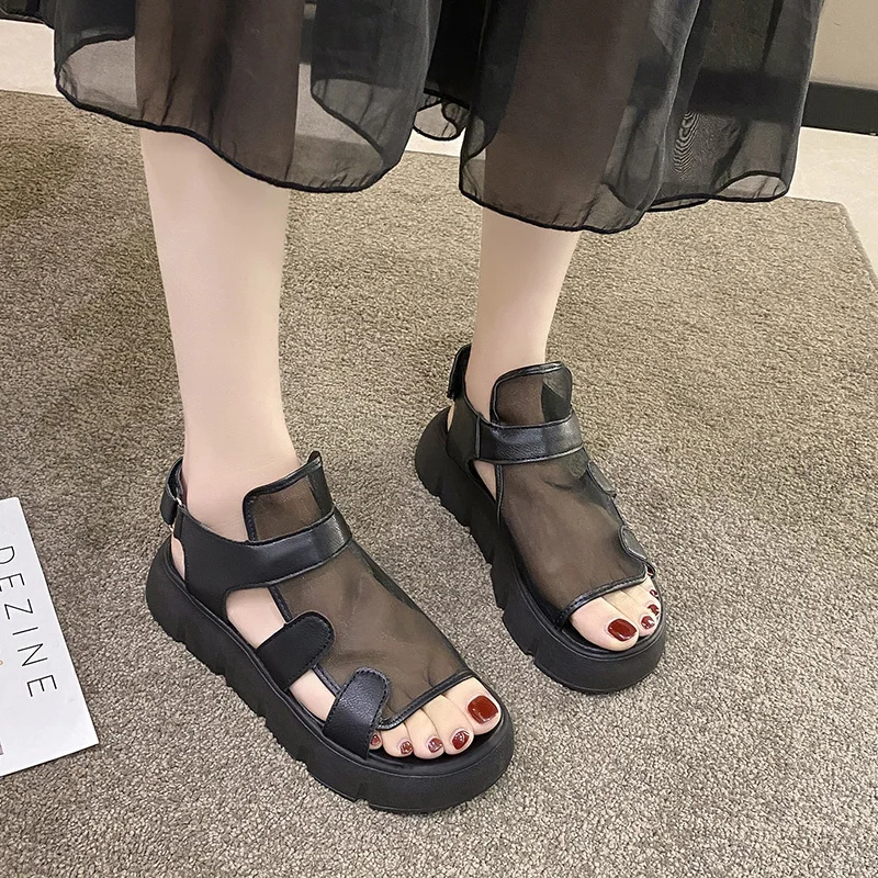 Женские сандалии 2023, Летние Новые модные Римские сандалии с дышащей пряжей и сетчатой вставкой на толстой подошве