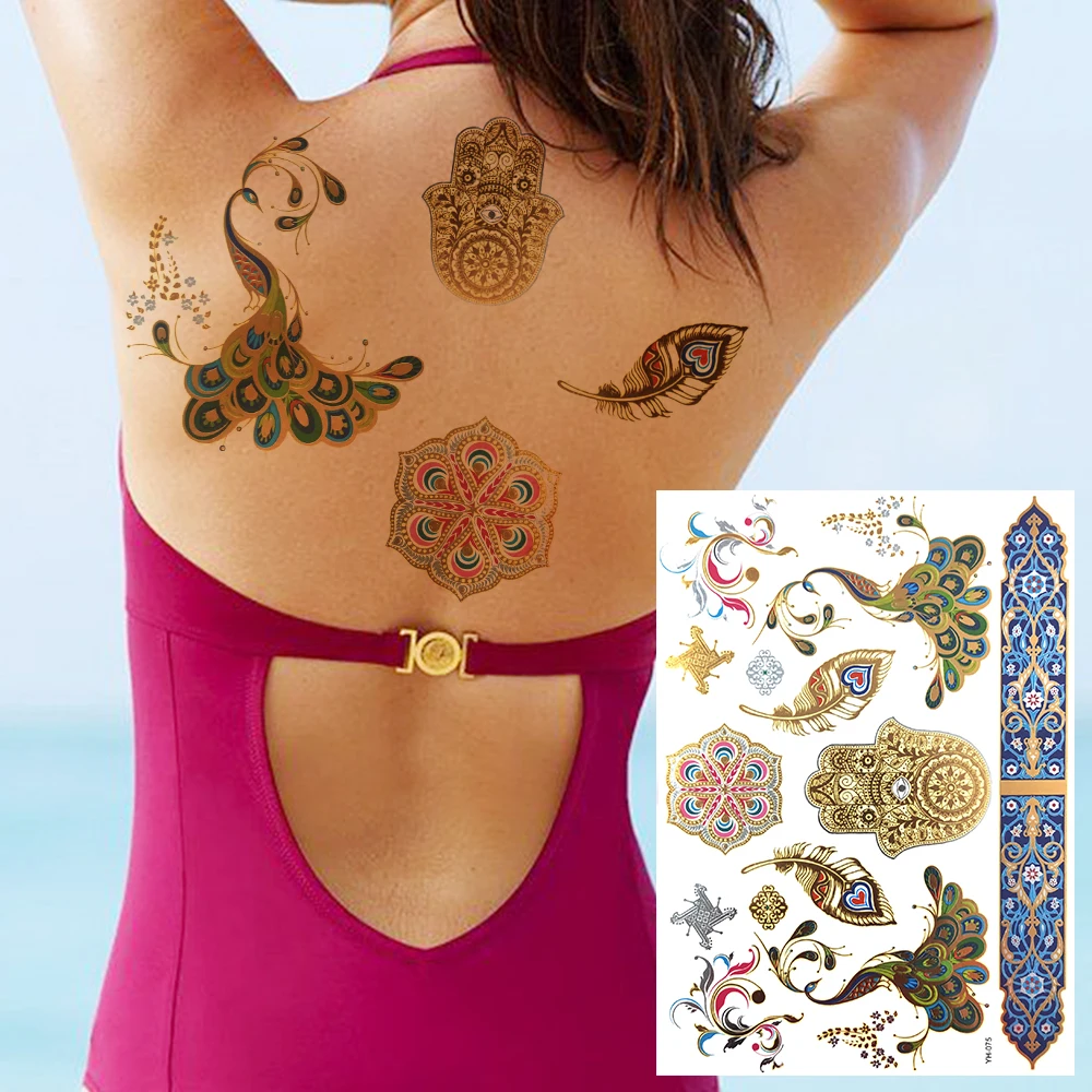 Уникальные временные татуировки в виде павлина с пером для женщин и взрослых, реалистичная наклейка с искусственной татуировкой в виде Бабочки и Солнца, сексуальная печать золотых татуировок на спине