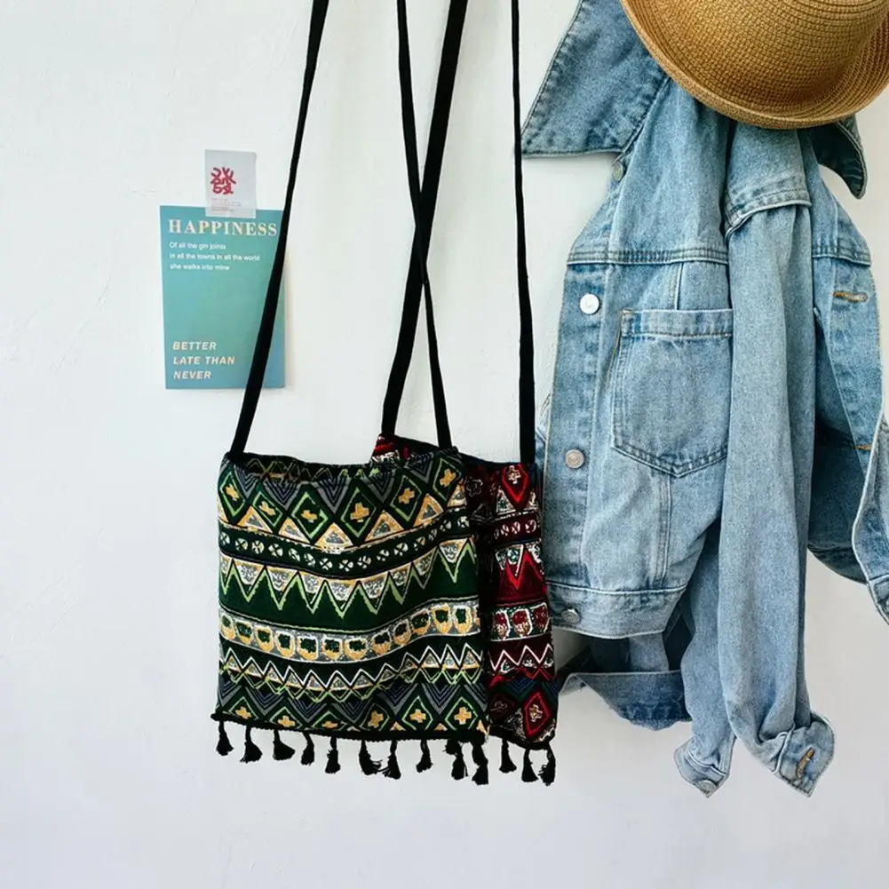 Ретро-кошелек с кисточками, женская сумка через плечо в богемном стиле с этническим принтом в стиле ретро с кисточками, большая вместимость для длительных путешествий