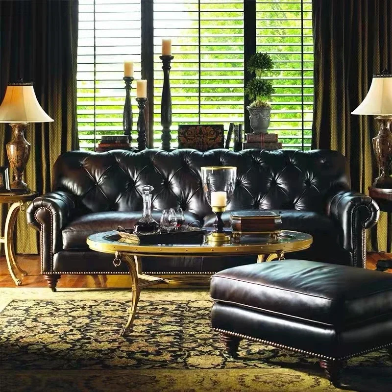 Одноместный Двухместный Трехместный Кожаный диван в американском стиле в стиле ретро, Европейская Кожаная художественная пряжка, Гостиная, Комната для образцов, Гостиничный кабинет