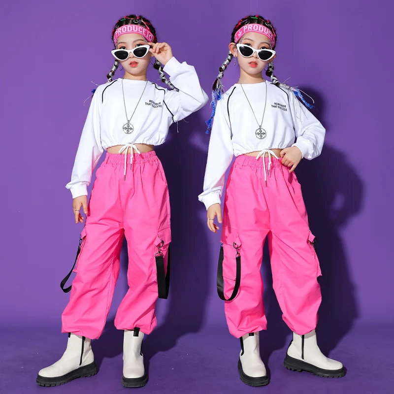 Модная джазовая одежда для девочек, Белая толстовка, штаны для бега трусцой, детская сценическая одежда Kpop, танцевальные костюмы в стиле хип-хоп, уличная одежда DWY9621
