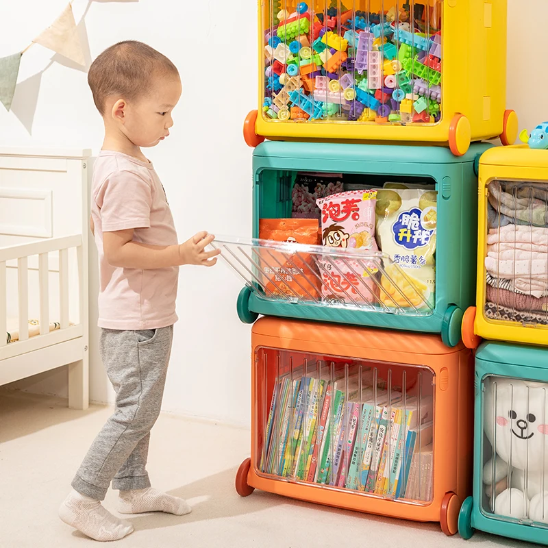 Красочный переносной ящик-органайзер на тележке, большой складной открытый спереди пластиковый ящик для хранения детских игрушек на колесиках