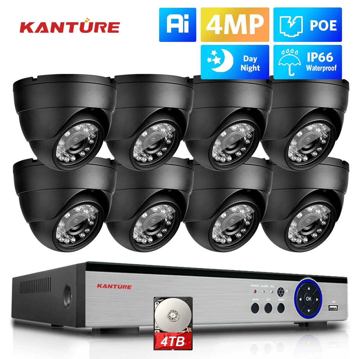 KANTURE 8CH 4K NVR 2K CCTV Camera System 4MP Ai Human Detection Внутренняя Наружная POE Ip-Камера Ночного Видения Комплект Видеонаблюдения