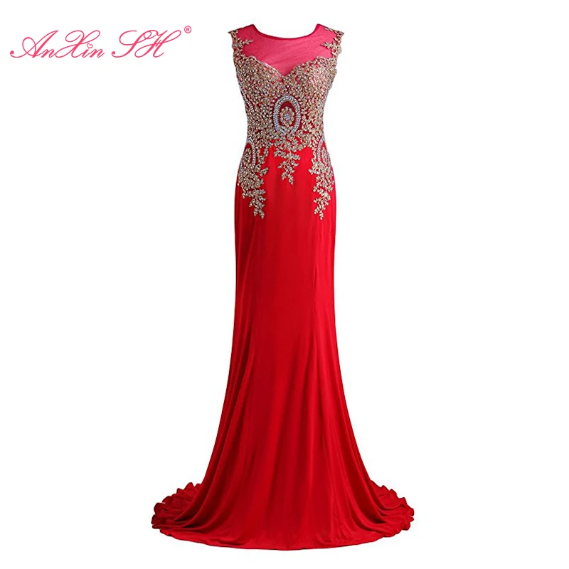 AnXin SH принцесса красный цветок кружева русалка вечернее платье винтажное белое платье с круглым вырезом без рукавов Подружка невесты черное вечернее платье труба