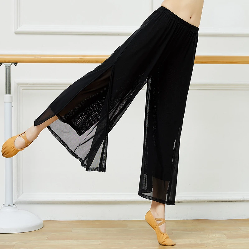 Профессиональные женские брюки для классических танцев, современных танцев, китайских народных танцев, 2-слойные сетчатые брюки с разрезом по бокам, Танцевальная практика