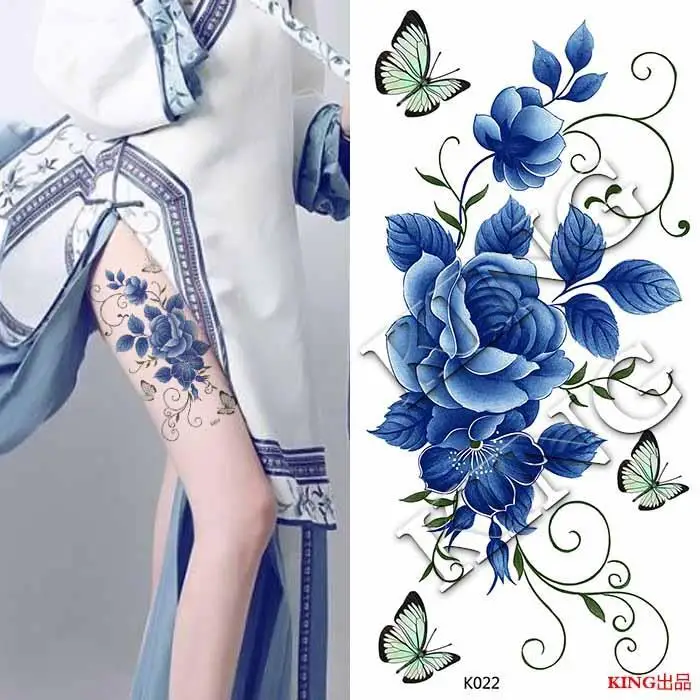 Сине-белая фарфоровая бабочка, временная татуировка, поддельные татуировки для женщин, Водонепроницаемое прочное искусство, Сексуальные красотки Оптом