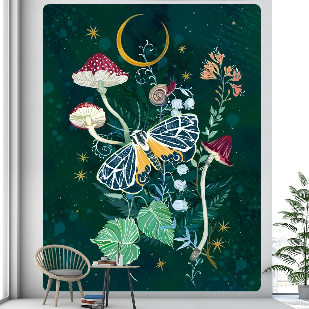 Лесная психоделическая сцена Луна украшение дома гобелен гриб бабочка эльф фоновая ткань хиппи богемный настенный светильник