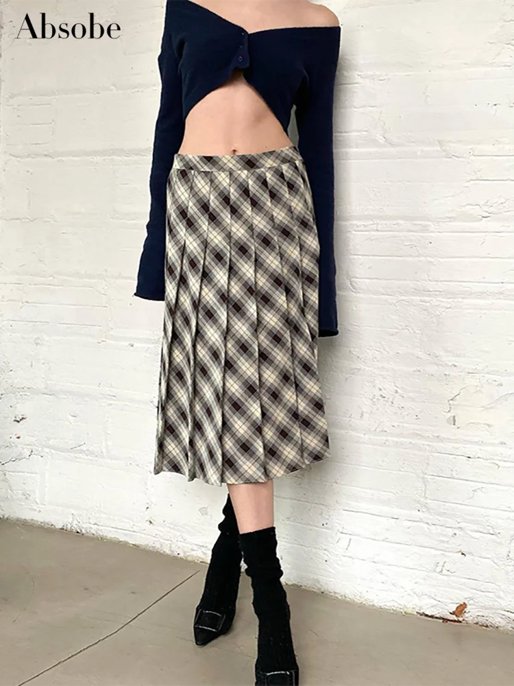 Absobe Клетчатая плиссированная юбка Миди трапециевидной формы, женская приталенная универсальная повседневная юбка средней длины в американском стиле, Модная осенняя уличная одежда