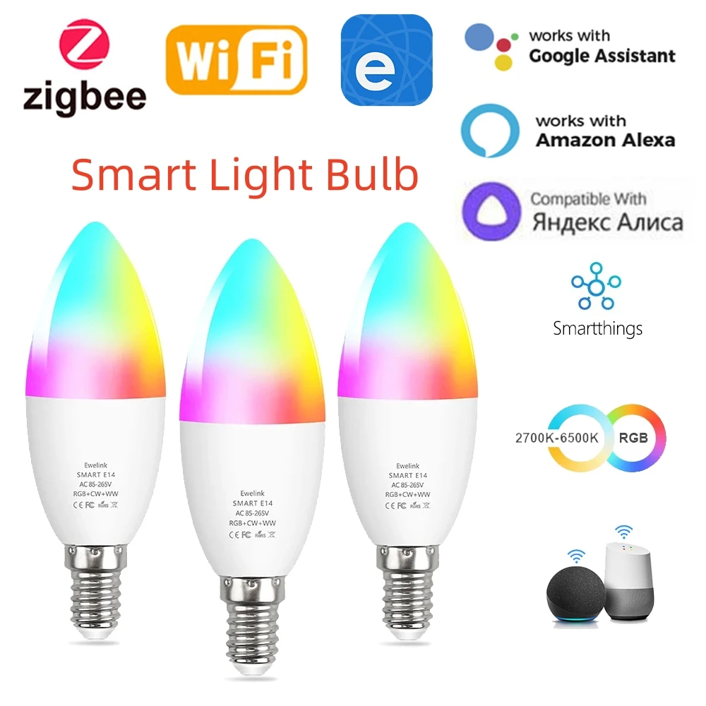 WiFi / Zigbee Smart Light Bulb E14 Лампа-Свеча с Регулируемой яркостью RGB + CW + WW 5 Вт Приложение eWeLink Голосовое Управление Работает С Alexa Google Home Alice