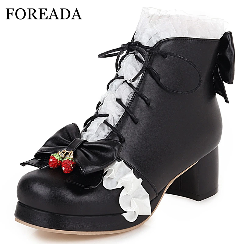 FOREADA, Женские ботинки в стиле Лолиты из искусственной кожи, ботильоны на платформе и высоком толстом каблуке, женские ботинки на шнуровке с бантом, осень-зима, Черный 46
