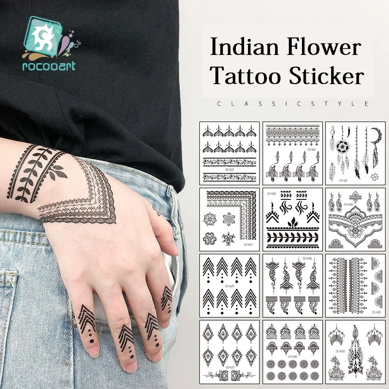 Временная татуировка на палец Rocooart, индийская племенная водонепроницаемая наклейка с флэш-татуировкой, Черная татуировка, Женская ручная татуировка, искусственная татуировка в виде цветка