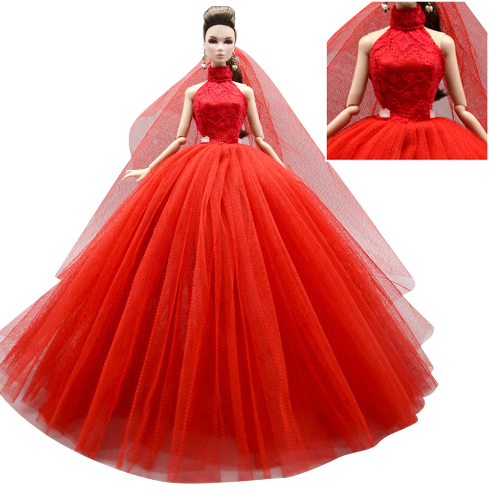 NK Official 1 шт. Высококачественное красное платье для куклы Барби на танцевальной вечеринке, платье невесты + Кружевная вуаль, одежда, Аксессуары, игрушки
