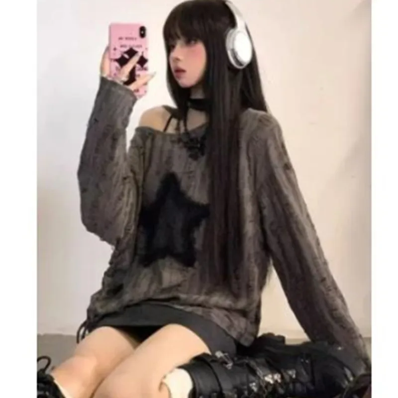 Y2k Одежда, Женские винтажные футболки Star Girl Harajuku, футболка Acubi Оверсайз, Эстетика с длинным рукавом, топы с открытыми плечами