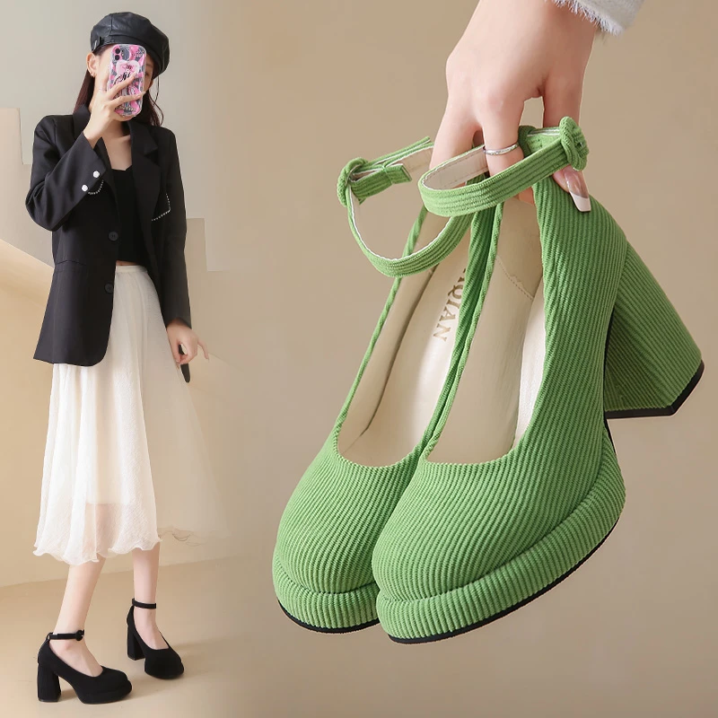 Новые модные зеленые туфли-лодочки на платформе, женские туфли Мэри Джейн на высоком каблуке с пряжкой и ремешком, вечерние вельветовые туфли на каблуке в готическом стиле для женщин