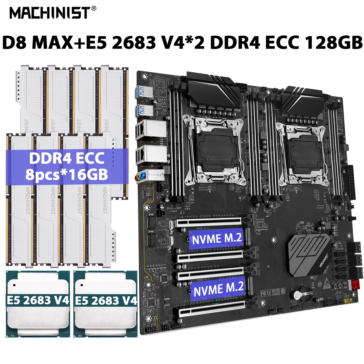 MACHINIST X99 D8 MAX Комплект материнской платы LGA 2011-3 Комплект процессора Xeon Dual E5 2683 V4 CPU 128 ГБ = 8шт * 16 ГБ ECC памяти DDR4 RAM SSD