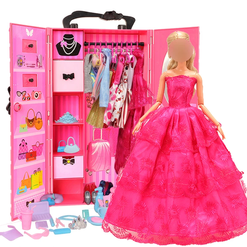 Мебель для кукольного домика 30 см, шкаф 77 шт./лот предметов = 1 Шкаф + 76 аксессуаров, Кукольное платье, ожерелье, обувь для кукольных аксессуаров