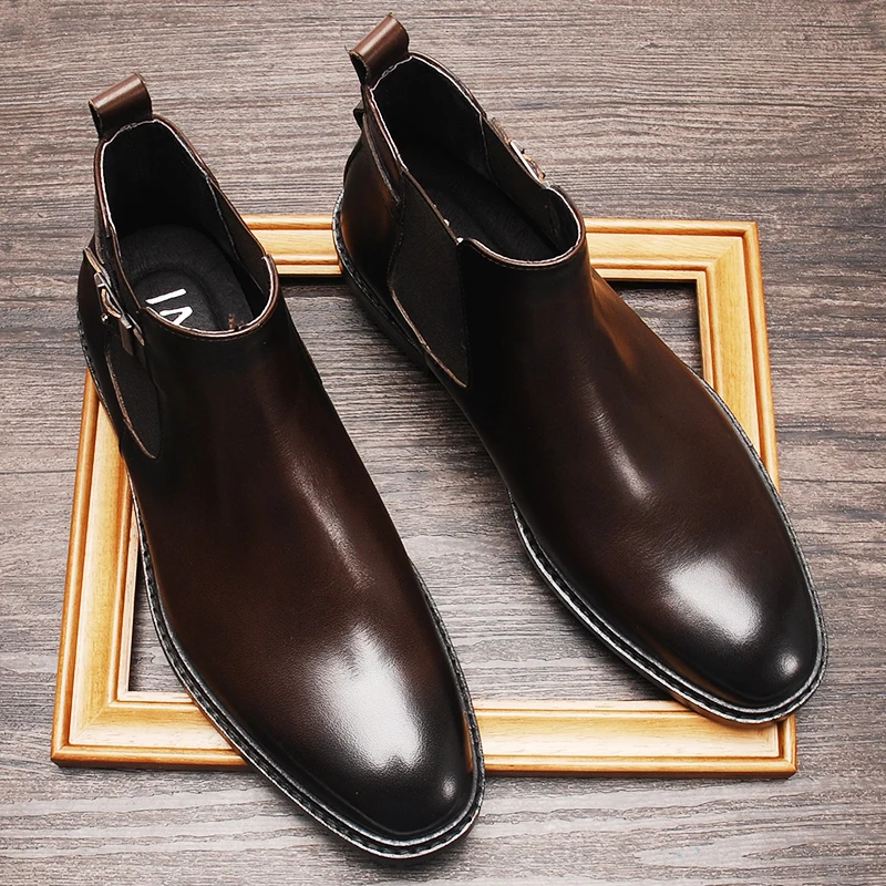 Роскошные мужские ботильоны из натуральной кожи коричневого цвета без застежки, модные модельные ботинки, мужские официальные высококачественные ботинки для мужской обуви Челси