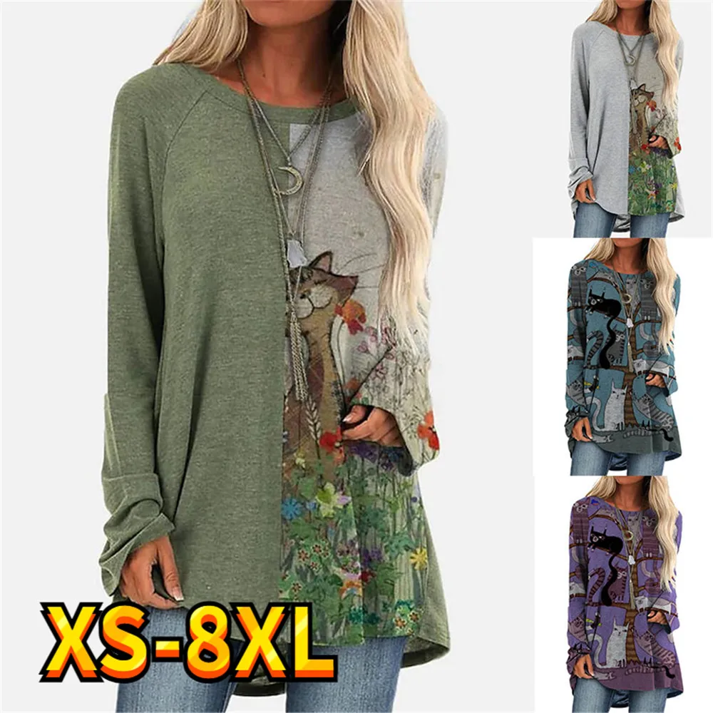 Женская футболка с мультяшным котом и цветочным принтом, Активная спортивная уличная одежда, длинный рукав, круглый вырез, Базовые вещи выходного дня XS-8XL