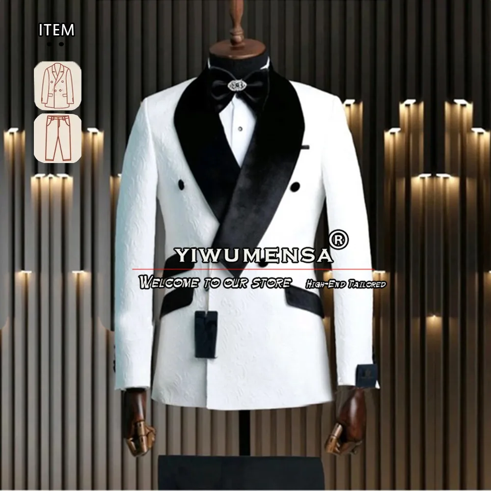 Роскошная одежда жениха, Свадебные костюмы, Черный бархат, Белый жаккардовый блейзер, сшитый на заказ, 2 предмета, куртка, Брюки, Элегантная одежда для дома