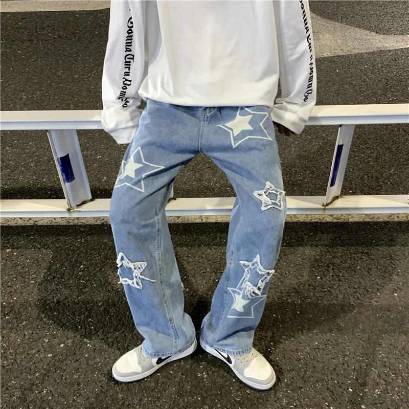 Мужские широкие джинсы, повседневные прямые брюки с вышивкой в виде звезд, мужские свободные джинсовые брюки в стиле хип-хоп, мешковатые брюки, винтажная уличная одежда