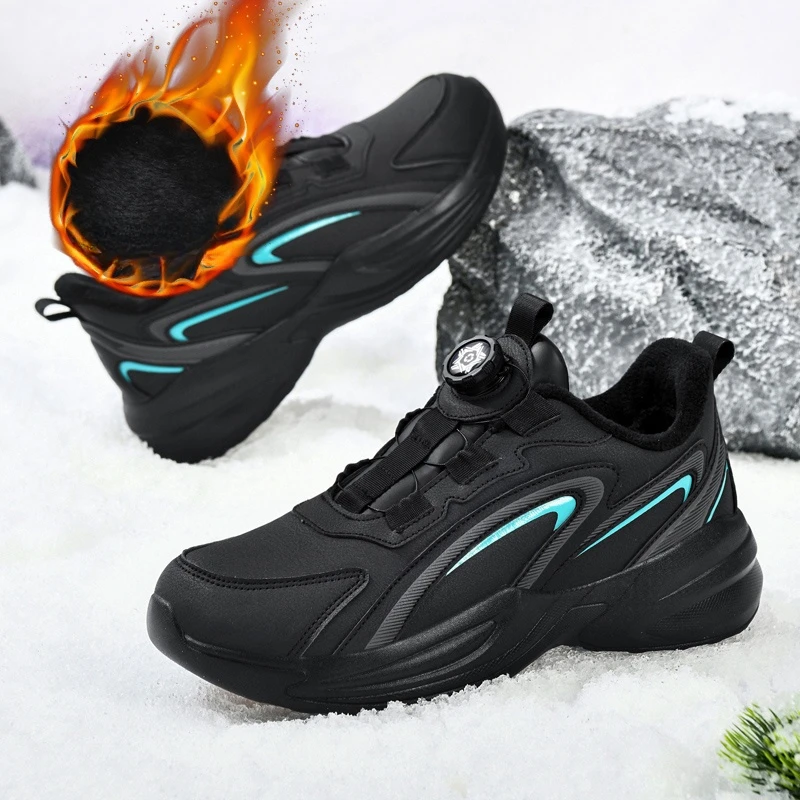 Мужская обувь с хлопковой подкладкой, сохраняющая тепло зимой, женская нескользящая обувь для ходьбы с вращающимися кнопками, кожаная водонепроницаемая плюшевая обувь для поездок на работу