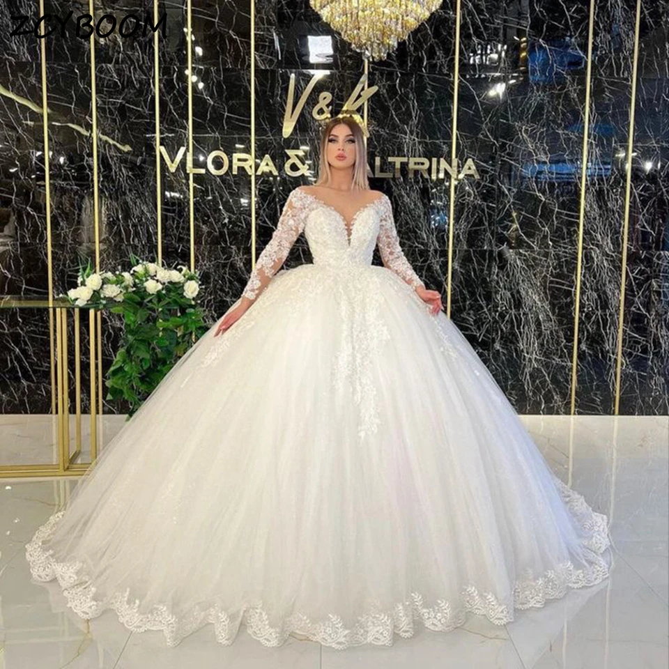 Роскошные кружевные аппликации с V-образным вырезом, Длинные рукава для женщин, свадебное платье 2023, бальное платье длиной до пола со шлейфом, свадебное платье принцессы