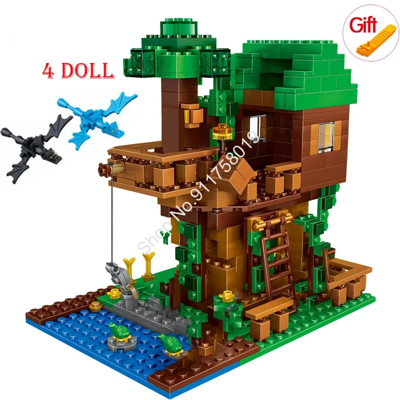 Домик на дереве Бандай, набор маленьких строительных блоков с фигурками Стива, Совместимые наборы My World Minecraftinglys, Игрушки для детей