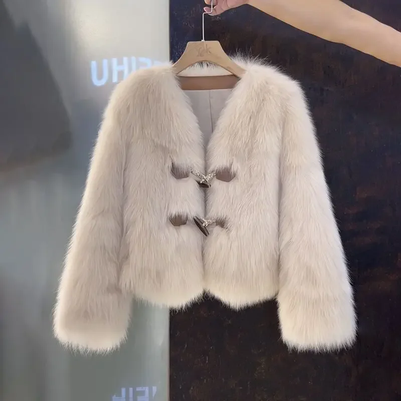 Модное пальто с имитацией лисьего меха, Женская зимняя новая плотная теплая женская верхняя одежда с круглым вырезом, Короткая меховая куртка