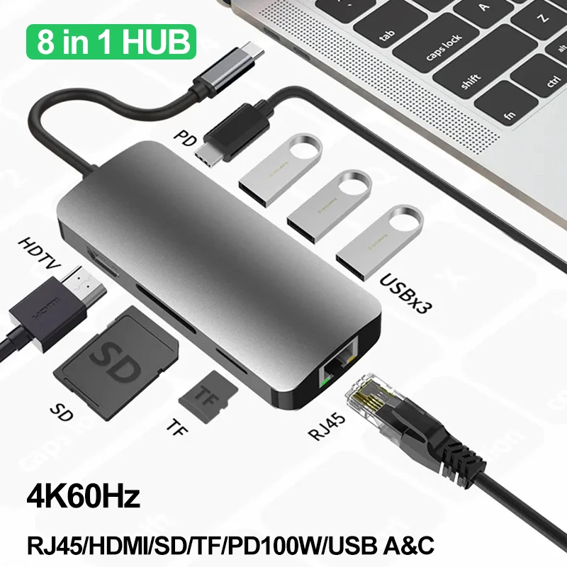 Для ноутбука USB C КОНЦЕНТРАТОР 4K60Hz Type C к HDMI2.0 RJ45 PD 100 Вт Адаптер Док-станция для Macbook iPad M2 M1 Samsung USB 3,0 КОНЦЕНТРАТОР