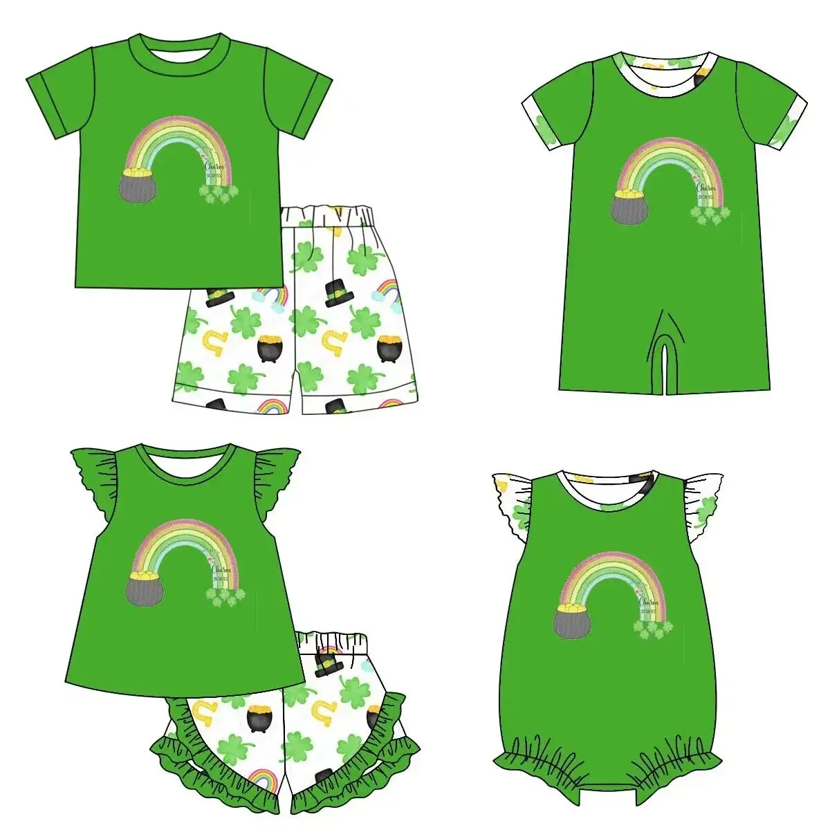 Летняя детская одежда, подходящая ко Дню Святого Патрика, комбинезон, зеленые топы и шорты с радужным принтом, одежда для детского праздника
