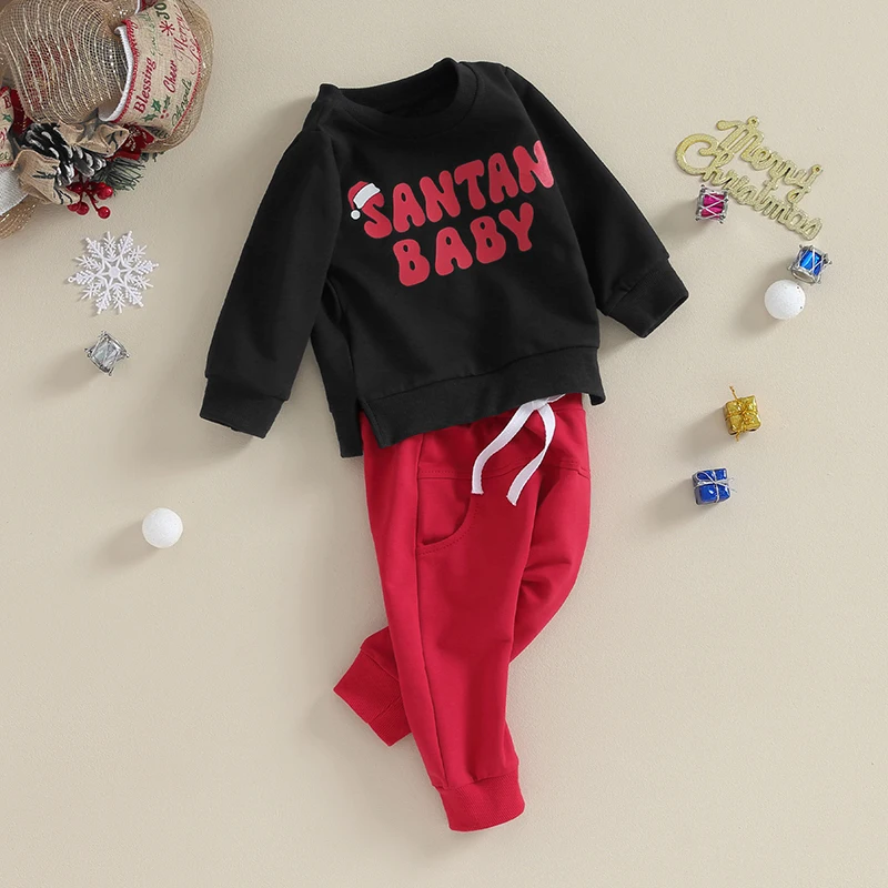 Рождественские наряды для маленьких мальчиков, пуловер с длинными рукавами и буквенным принтом Санта-Клауса, толстовка, Брюки, Комплект рождественской одежды