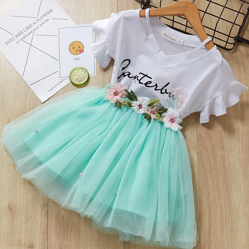 Комплект юбки для девочек с цветочной вышивкой, летняя одежда с короткими рукавами для маленьких девочек.
