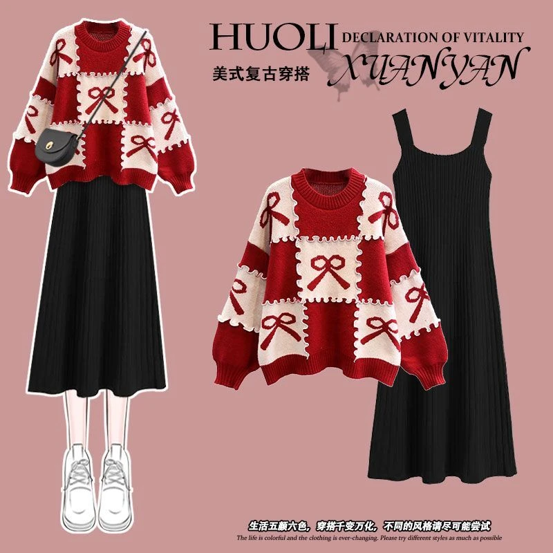 Японский стиль, ленивый вязаный свитер с платьем, осенне-зимний костюм из двух предметов для женщин, новинка 2023, женская одежда большого размера