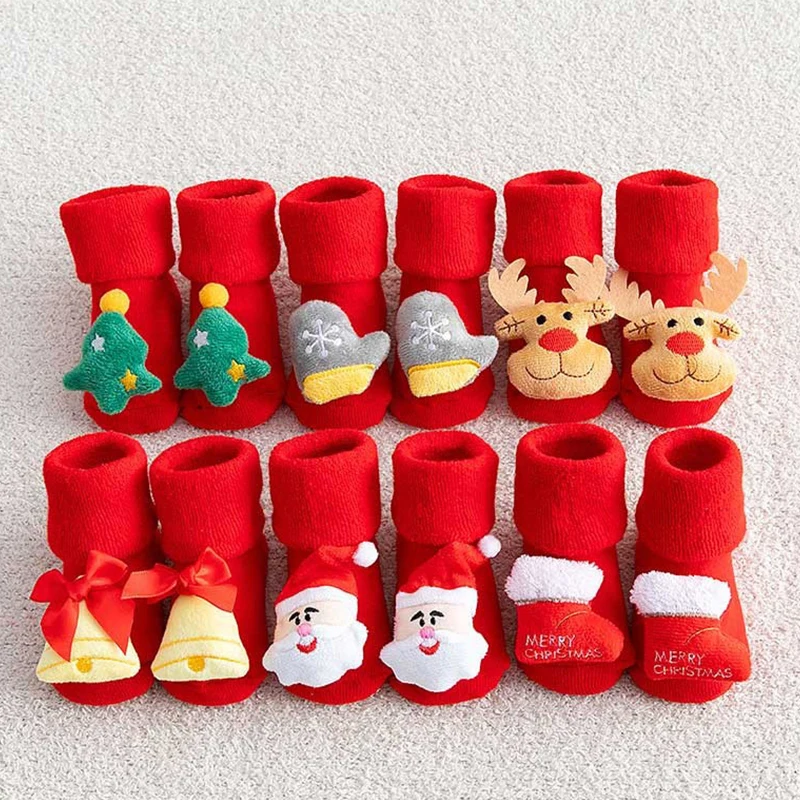 Рождественские праздничные зимние носки для новорожденного, украшенные милыми мультяшными рождественскими элементами, нескользящие носки для малышей, подарок на Новый год