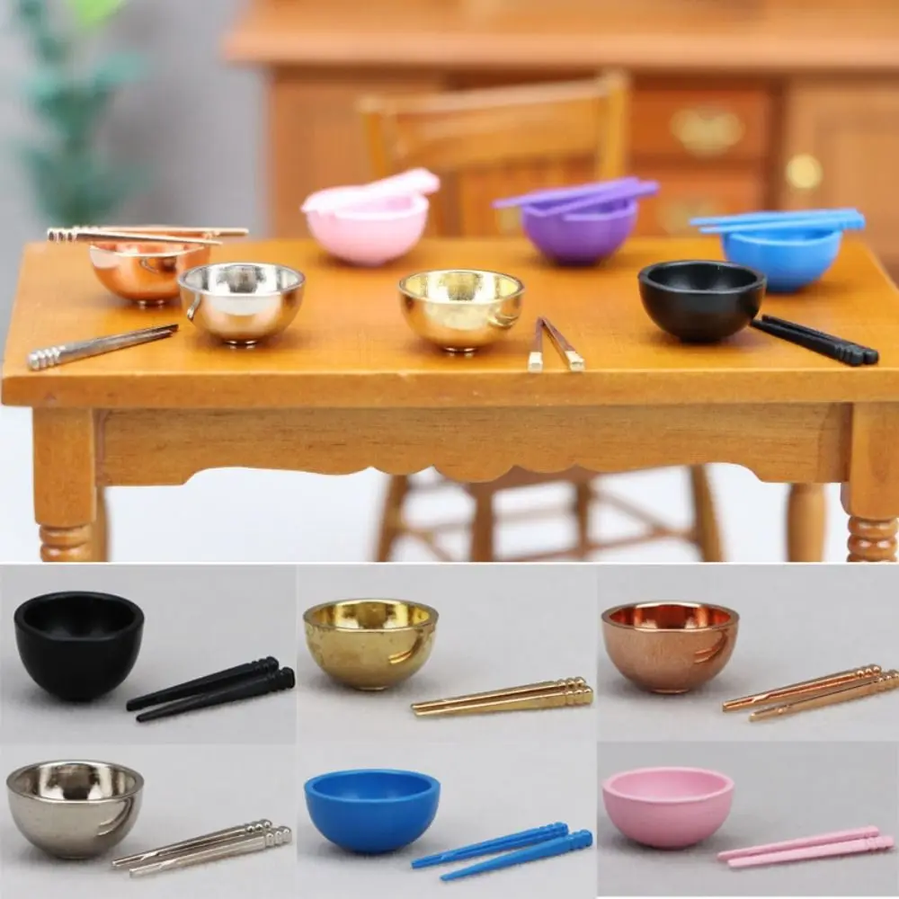 Миниатюрная чаша из сплава и палочки для еды, мини-набор посуды, Аксессуары для декора кухни в кукольном домике, Игрушки для ролевых игр