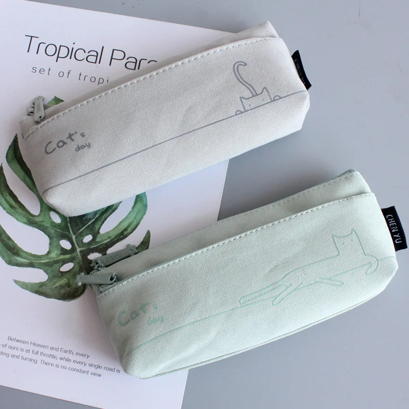 Сумки для карандашей из хлопчатобумажной ткани в свежем стиле, двухслойные сумки для карандашей для студентов с мультяшным котом, простые практичные сумки для карандашей