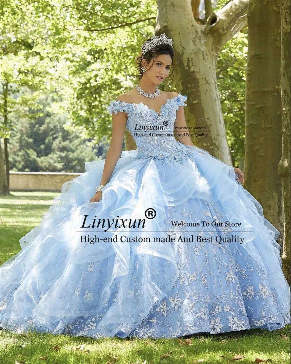 Светло-небесно-голубое пышное платье принцессы с открытыми плечами, платье для дня рождения Sweet 16, аппликации, блестки, цветы, Vestidos De 15 Años
