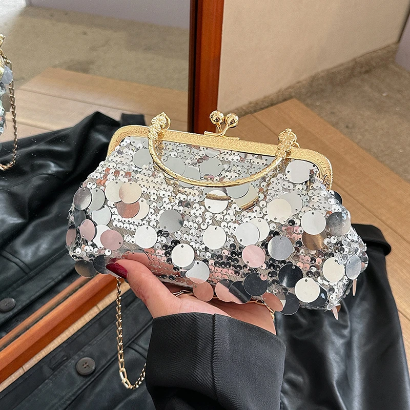 Вечерняя женская сумочка-клатч с серебряными блестками, роскошная сумочка с металлической ручкой, женская сумочка-клипса, дизайнерская сумка через плечо на цепочке.