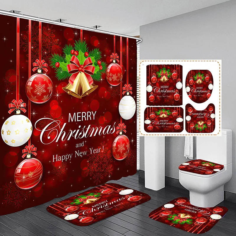 С Рождеством, занавеска для душа, рождественские шары в виде снежинок, красные колокольчики, коврик из полиэстера, крышка унитаза, аксессуары для ванной комнаты