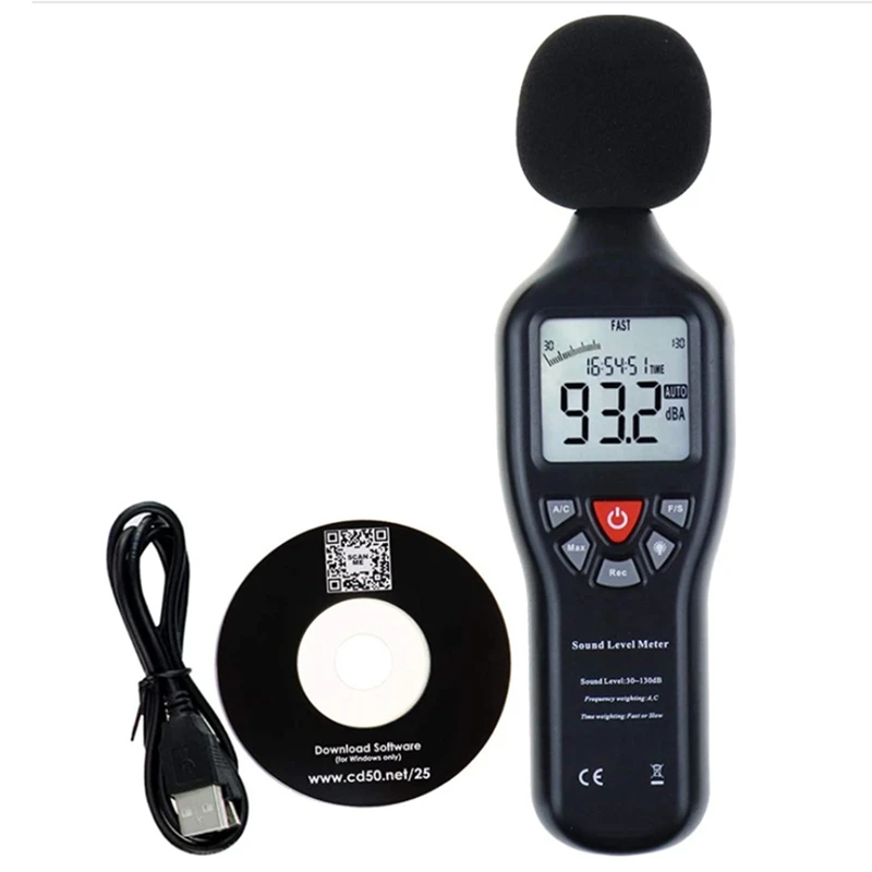 Датчик шума, измеритель децибел, шумомер, шумоприемник, Черный, Измерение 30-130 ДБ, запись через USB