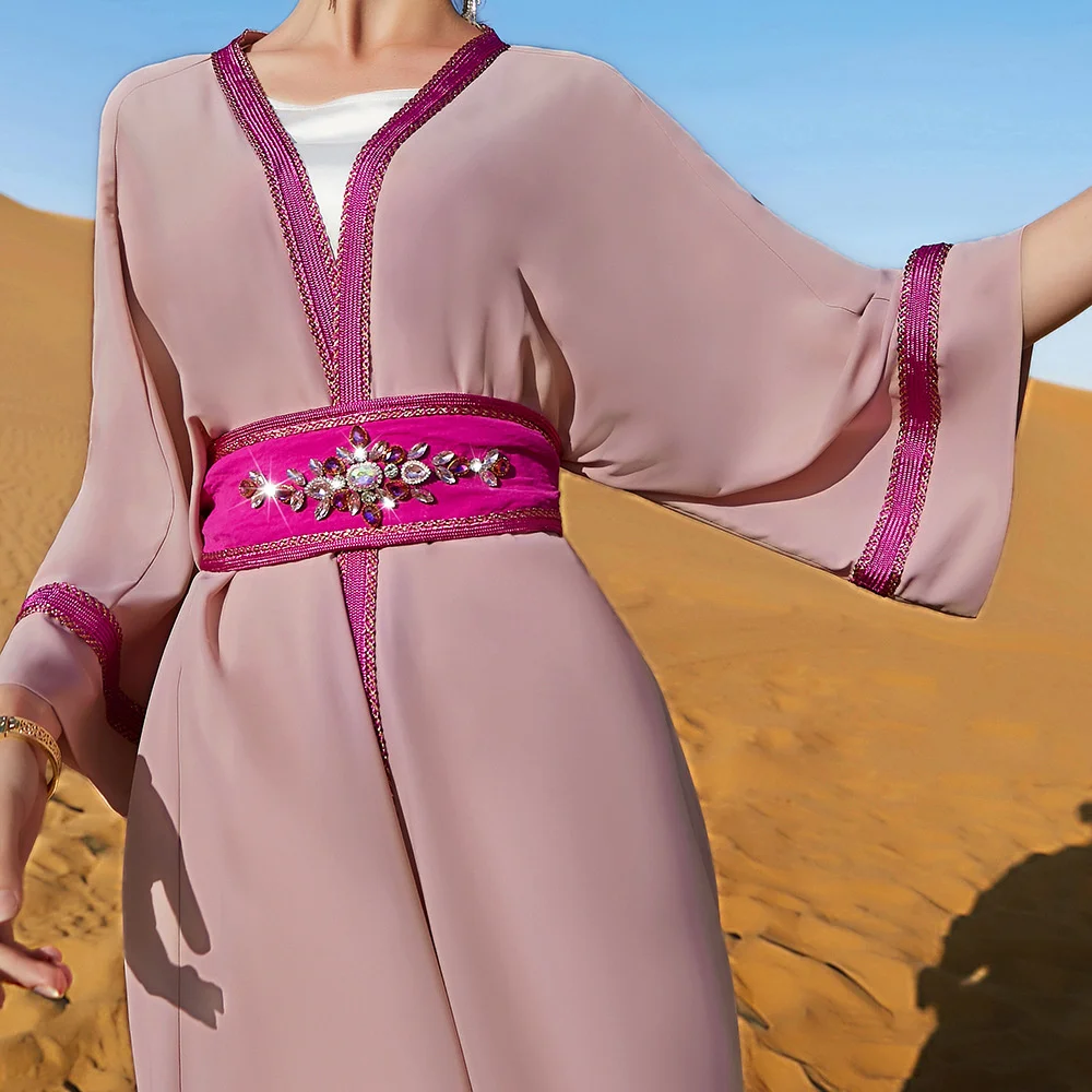 Дубайская Абайя для женщин, комплект из 2 предметов, кардиган ручной работы с бриллиантами, наложенный на арабский Дубайский мусульманский халат, платье Абайя, женская одежда