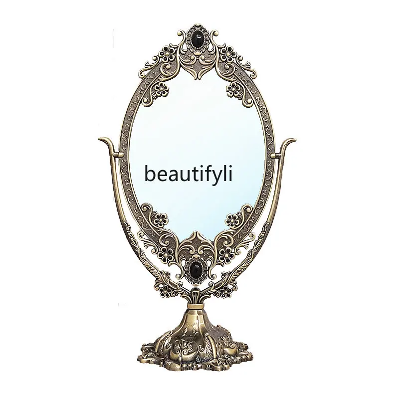 yj Ретро Европейская принцесса Настольное зеркало Зеркало для макияжа Большое настольное Металлическое Бронзовое Двустороннее зеркало для туалетного столика